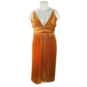 NEW Lulus Orange Silk Satin Pleated Sleeveless Midi Camisole Tank Slip Dress XL
